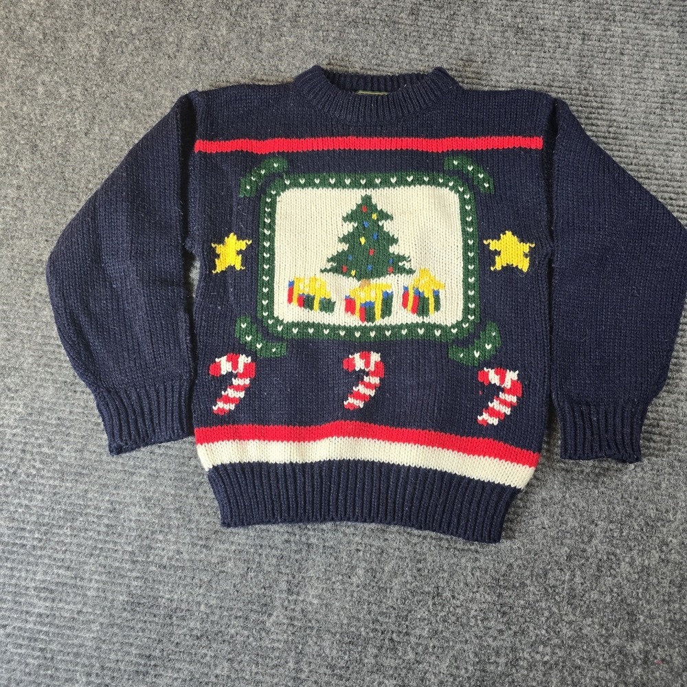 Vintage Kids Christmas Sweater‎ Youth Medium Navy Tree Candy Cane Presents 90s